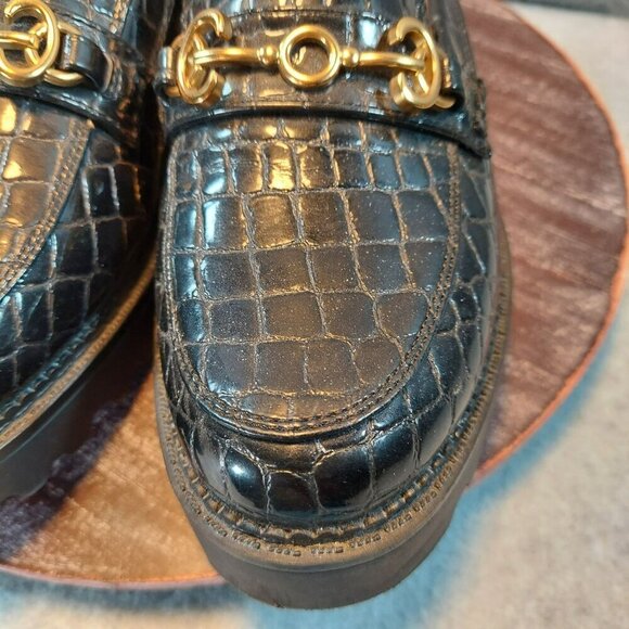 Circus NY Black Croc-Embossed Leather Loafers With Gold  Detail & Chunky Sole - Picture 2 of 16